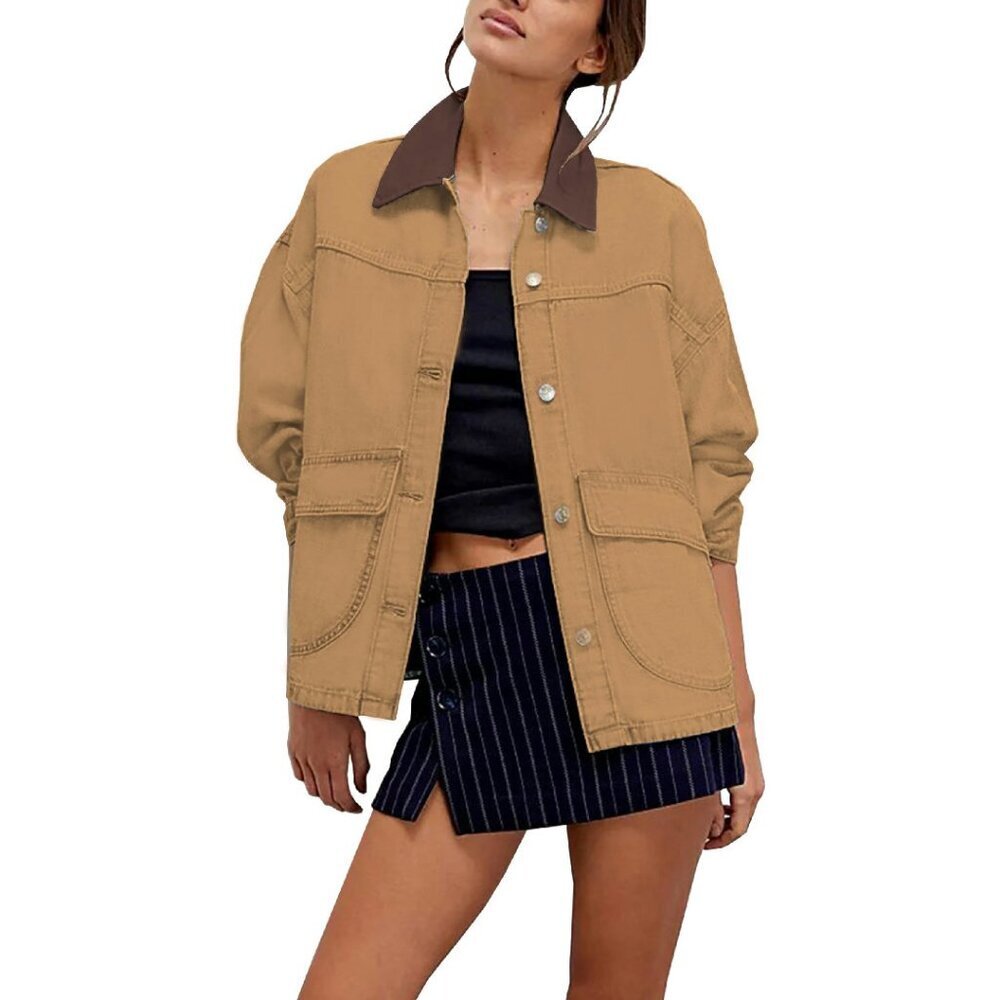 Oversized Denim Jacket with Contrast Trim Long Sleeve Button Down Coat